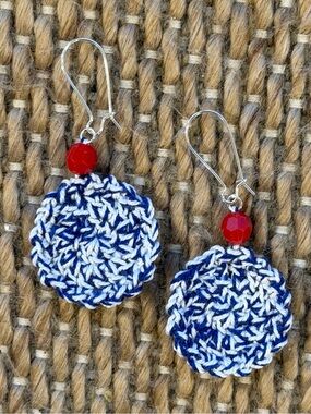 Hand Crafted Navy & White Crochet Disc Earrings with Red Bead
